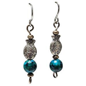 Fun Silver Fish Turquoise Bead Dangle Earrings Fishing Fashion Jewelry Women